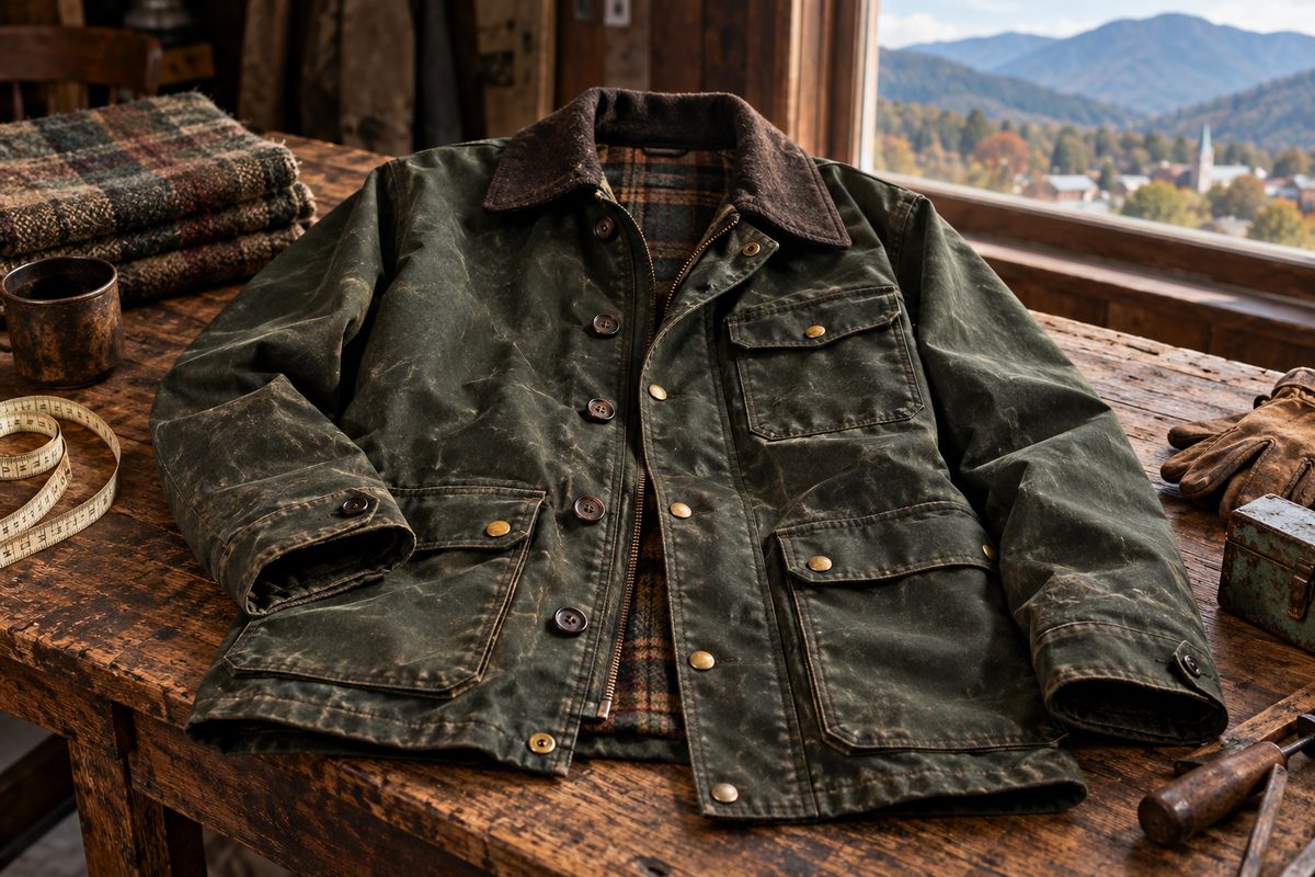 Heavy waxed canvas outfitter jacket displayed on an antique timber table.