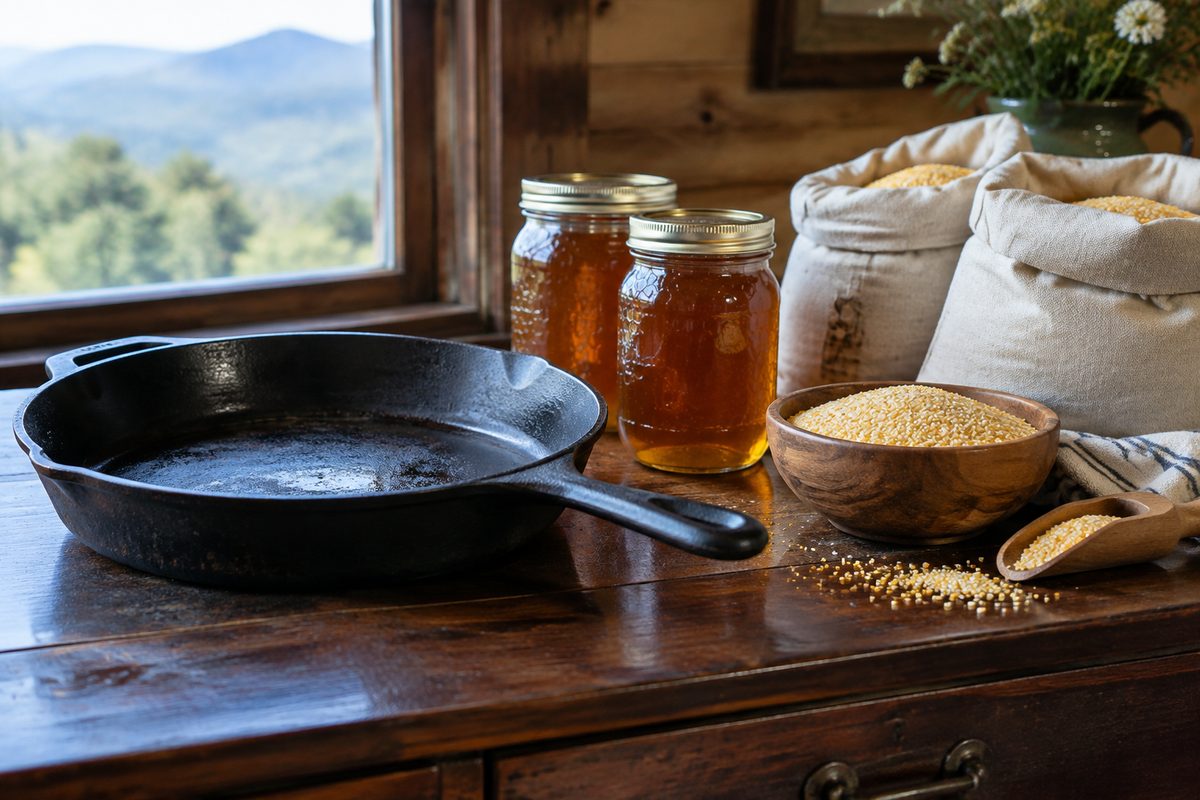 Heavy seasoned cast iron cookware alongside mountain honey and stone-ground pantry provisions.