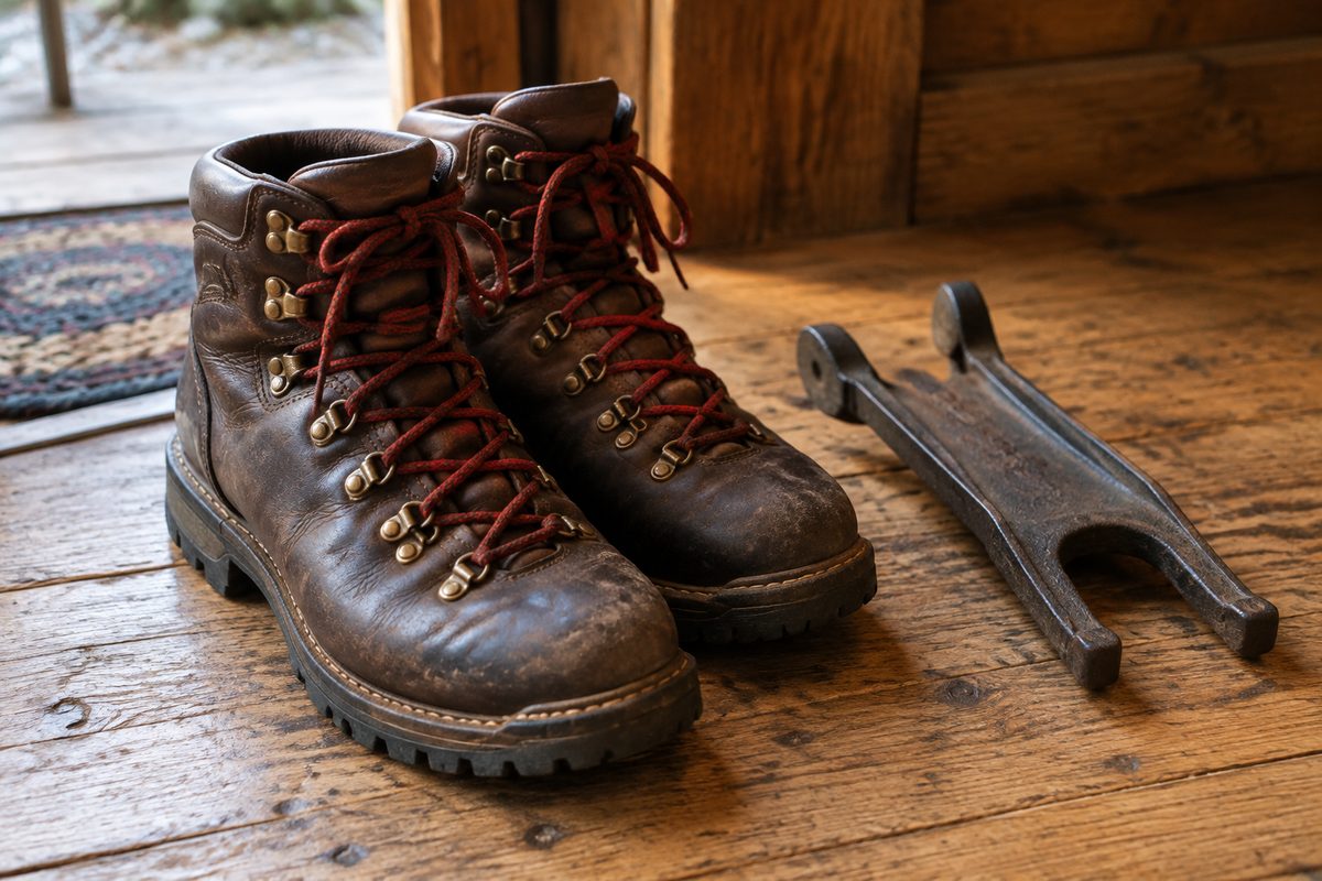 Full-grain leather mountain hiking boots with red laces on cedar floorboards.