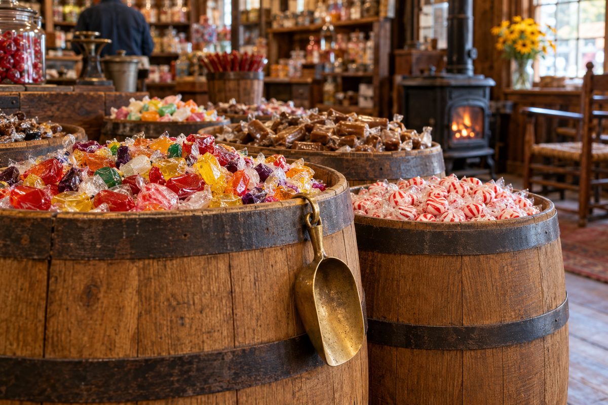 Traditional oak barrels filled with old-fashioned wrapped hard candies and brass scoops.