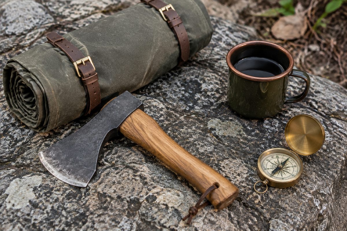 Mountain camp provisions including waxed canvas tarp, forged steel hatchet, and compass on granite.