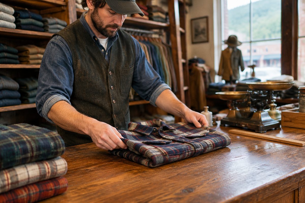 Sales merchandiser folding heavyweight flannel apparel at the historic oak store counter.