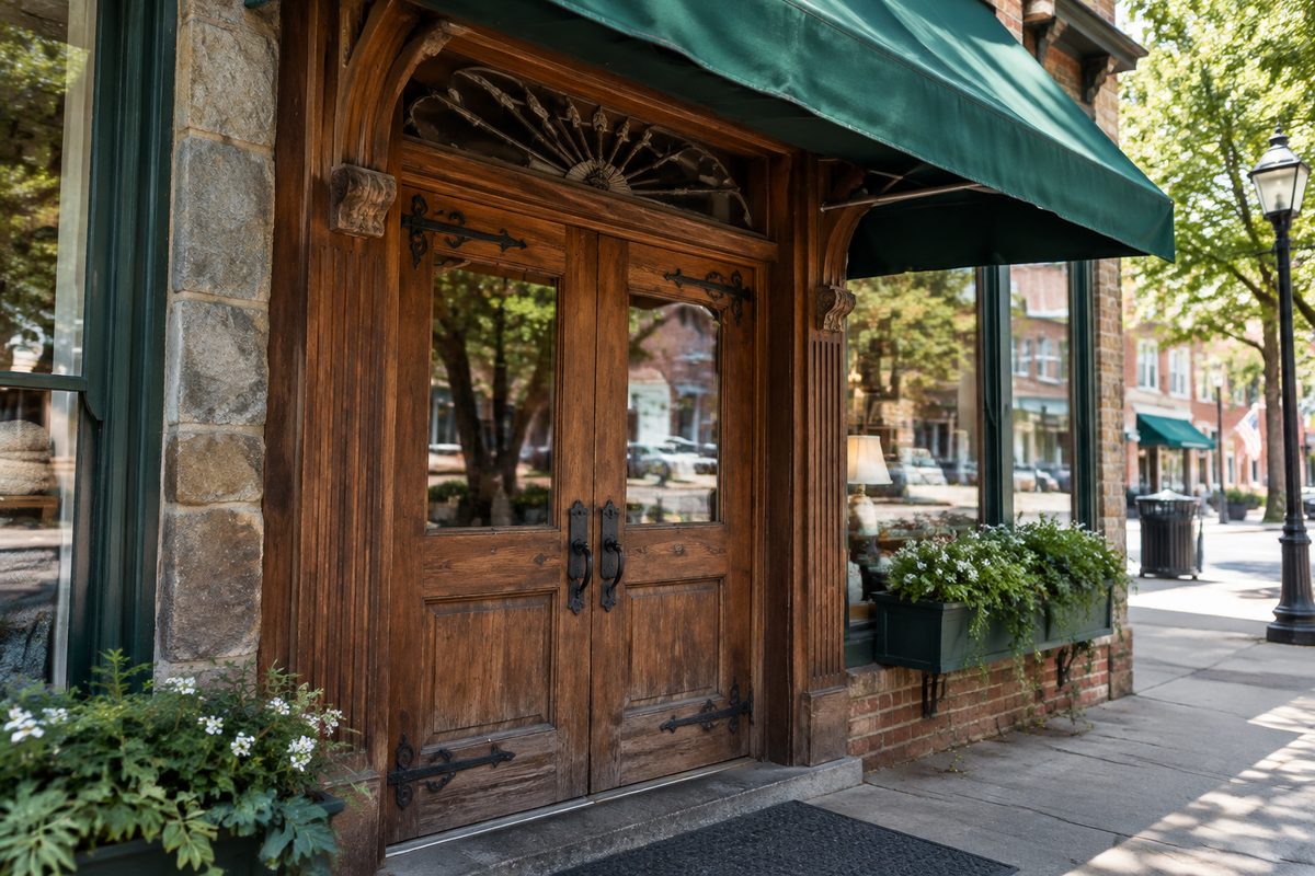 Historic timber entryway and outfitter awning at Mast General Store on North Main Street in Waynesville.