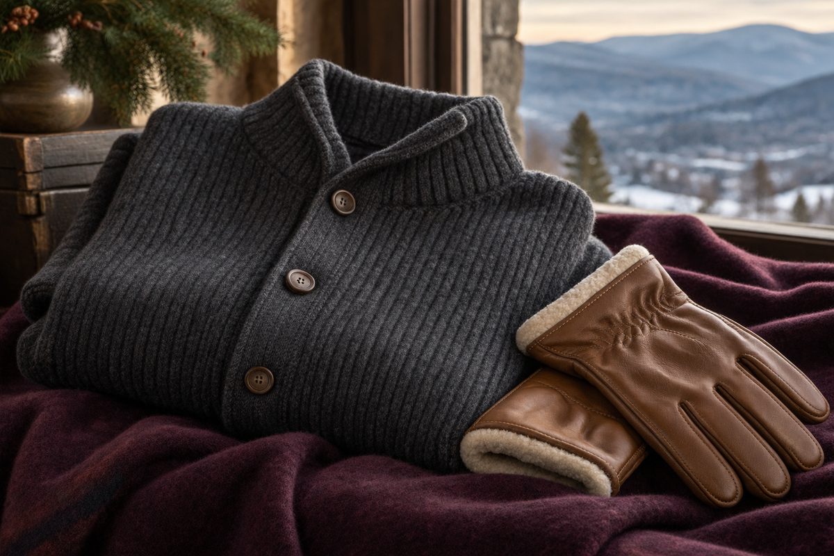 Heavy ribbed merino wool sweater and elk leather gloves folded on dark plum cloth.